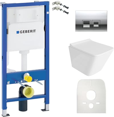 GEBERIT DUOFIX BASIC LAGO - Inbouwreservoir 50cm - Vierkante DELTA Drukplaat Chroom - Wit Hoogglans Hangtoilet Set
