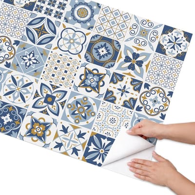 Coloray Meubel Wrap Folie - Blauw Meubelfolie - 75x150 cm - Meubel Wrap Folie Retro tegels - Plakfolie Meubels - Retro Meubelfolie - Decoratiefolie Zelfklevend - Slaapkamer decoratie - Achtergronden en patronen