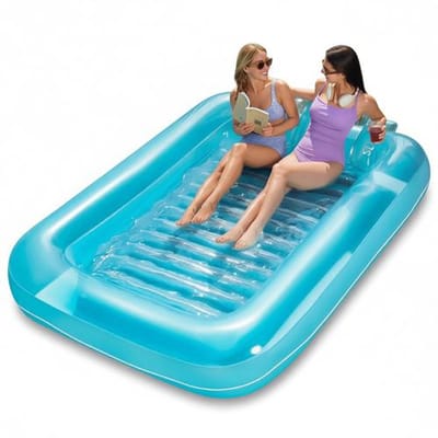Opblaasbare lounger voor zonnebaden - extra groot luchtbed 215x145 cm - 4-in-1 zonnebed met kussen en bekerhouders - geschikt voor 2 personen - blauw