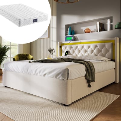 DESMIU Gestoffeerd Bed 140x200cm – Led Tweepersoonsbed Met Oplaadfunctie – Hoofdbord Met Opbergruimte – Voor Slaapkamer – Katoen-Linnen – Lichtbeige – Met Matras
