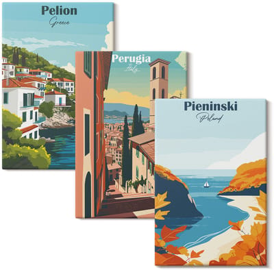 Wallfluent Set van canvas schilderijen - Schilderachtige landschappen in retrostijl Canvas Schilderijen Set - set 3 stuks 20x30 cm - Veelkleurig Set van Canvas Prints - Steden Canvas Kunst Set - Boheemse Canvas Kunst Set