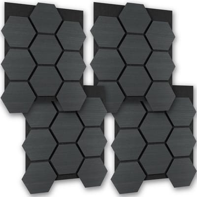tectake® Akoestische Hexagon Panelen - Set van 4 - Akoestisch Wandpaneel - 76 x 62 cm - Wandpanelen met Aanpasbare Grootte en Patronen - MDF en Houtfineer - Geluidsisolatie - Stijlvolle Wanddecoratie - Eenvoudige Montage - Zwarte Eiken