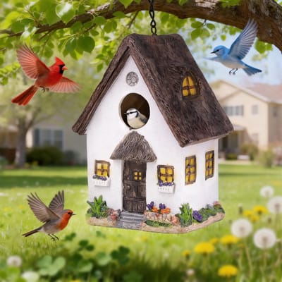 Vogelhuisje van weerbestendig hars met ophangketting