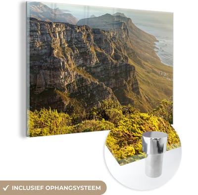 ® Glasschilderij 180x120 cm - Schilderij acrylglas - Gebergte met de kustlijn van de Twaalf Apostelen in Kaapstad - Foto op glas - Muurdecoratie woonkamer - Wanddecoratie slaapkamer - Schilderijen