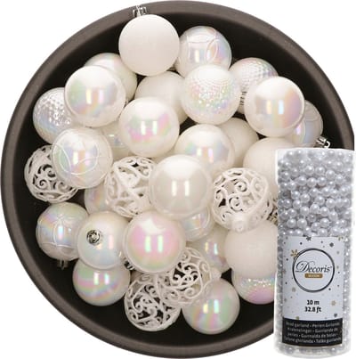 Decoris Kerstballen - 37x stuks - 6 cm - incl. kralenslinger - parelmoer wit - kunststof