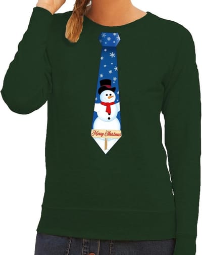 Foute kersttrui / sweater stropdas met sneeuwpop print groen voor dames XS