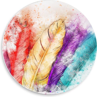Forex Wandcirkel - Schildering van Gekleurde Veren op Witte Achtergrond  - 50x50cm Foto op Wandcirkel (met ophangsysteem)