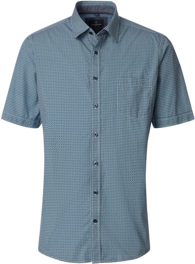 CASA MODA Sport casual fit overhemd - korte mouw - twill - groen met blauw en wit dessin - Strijkvriendelijk - Boordmaat: 39 - 40