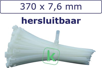 PRO-TIE® - Tyraps, kabelbinders Hersluitbaar 370 x 7,6 mm Wit naturel (Zak 100 stuks) (tiewrap/tyrap/tie-wrap/bundelbandje/colsonbandje/)