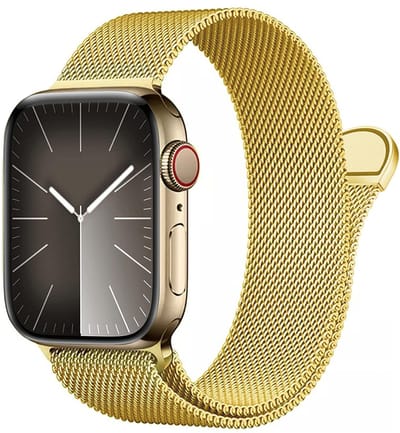 Stravo Milanese bandje - Gold - Geschikt voor Apple Watch 46mm (Series 10/11), 45mm (Series 7/8/9), 44mm (Series 4/5/6, SE 1/2/3), 42mm (Series 1/2/3), 49mm (Ultra 1/2/3) - RVS Metaal Milanees Horlogebandje met magneetsluiting
