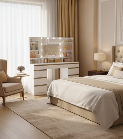 Make-uptafel met LED-verlichting 108x40x140 cm – Luxe kaptafel met grote spiegel, 10 dimbare LED-lampen, 3 lichtkleuren, 9 laden & open planken – Moderne make-up tafel wit-goud met houtnerf – Altameubel