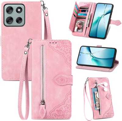 Telestore - Portemonnee met rits - book-case hoesje - 7 pasjes - mandala bloemen roze - telefoonhoesje geschikt voor Motorola Moto G56 5G