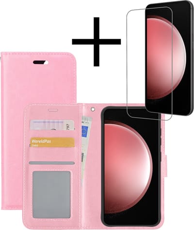 Hoesje - Met Screenprotector - Geschikt voor Samsung Galaxy S23 FE - Luxe Pasjeshouder - Bookcase Portemonee - Flip Case - Kunstleer Book Case - Flipcase - Book Cover - Walletcase - Portemonneehoes - Lichtroze