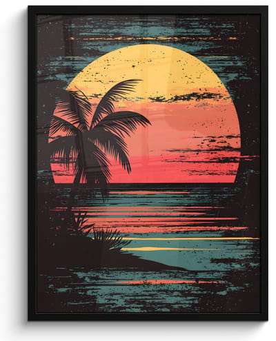 Poster in lijst - Fotolijst 50x70 cm - Posters - Strand - Minimalistisch - Zon - Oranje - Posterlijst zwart - Decoratie - Wanddecoratie woonkamer - Muurdecoratie slaapkamer