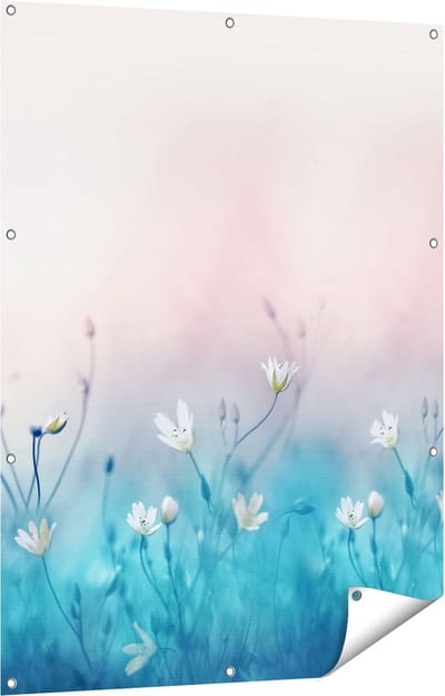Gards Tuinposter Witte Bloemen op een Blauw Achtergrond - 90x120 cm - Tuindoek - Tuindecoratie - Wanddecoratie buiten - Tuinschilderij