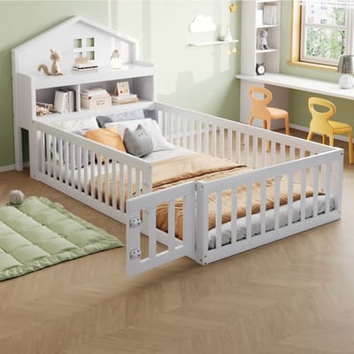 Komhtom Kinderbed 90 x 200, frame van massief hout, sierlijst, met planken en opbergruimte, met veiligheidshek en deur, met fotorail, met lattenbodem, wit
