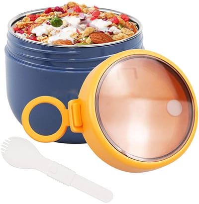 KZQ Geïsoleerde lunchpot - Inclusief roestvrijstalen binnenbeker, lekvrij deksel en inklapbare lepel - Geschikt voor de vriezer en vaatwasser - Ideaal voor school, werk, reizen en picknicks - 600 ml, blauw