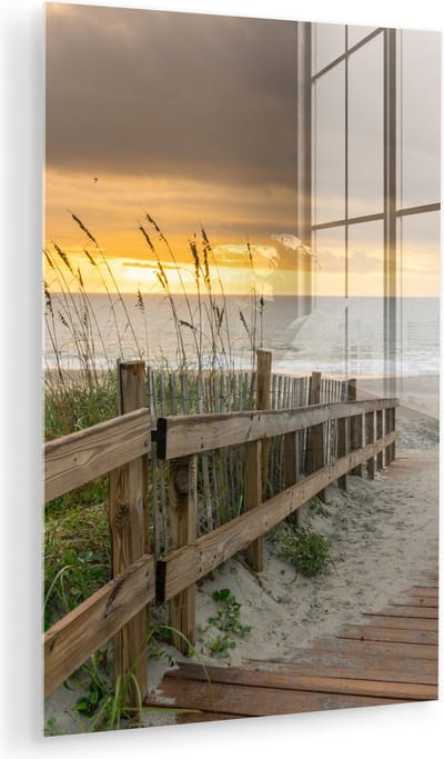 MuchoWow® Glasschilderij 60x90 cm - Schilderij acrylglas - Strand - Zee - Duin - Pad - Foto op glas - Muurdecoratie woonkamer - Wanddecoratie slaapkamer - Schilderijen