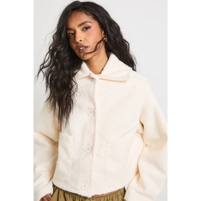 boohoo Dames Jas met wol-look, kraag, knoopsluiting en zakdetail | Ecru | Maat: 10