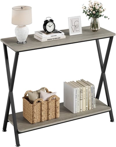 Sidetable, smalle industriële sidetable met stopcontact, bijzettafel voor achter de bank, 2 niveaus, 105 x 30 x 81 cm, grijs