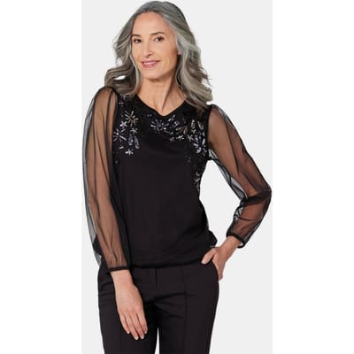 Shirt met lange, transparante mouwen - zwart / zilverkleurig / gedess. - Gr. 42 van Goldner Fashion