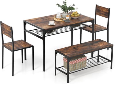 COSTWAY Eettafelset, 4-delig, keukentafel met 2 stoelen, 1 bank & plank, eetgroep, industriële eetgroep, eetkamertafel, metalen frame, bartafelset voor keuken en eetkamer (koffie)
