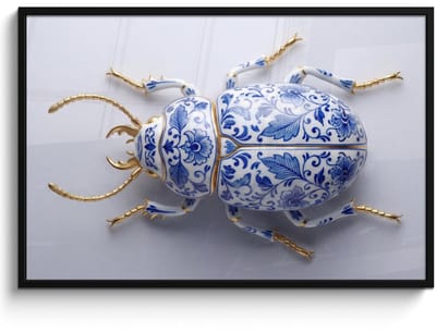 Poster in lijst - Fotolijst 120x80 cm - Posters - Kever - Delfts - Blauw - Goud - Posterlijst zwart - Decoratie - Wanddecoratie woonkamer - Muurdecoratie slaapkamer