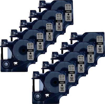 DULA Dymo D1 40922 Compatible label tape - 10 lettertapes - Zwart op zilver - 9mm x 7m