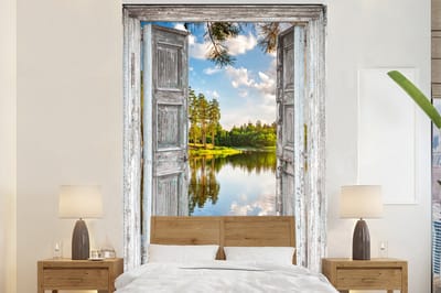 Behang - Fotobehang Water - Landschap - Raam - Doorkijk - Breedte 225 cm x hoogte 350 cm