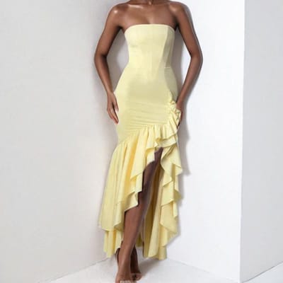 Dames Lente Nieuwe Modieuze en Sexy Elegante Off-the-shoulder Tube Top Ruche Blad Temperament Jurk S geel