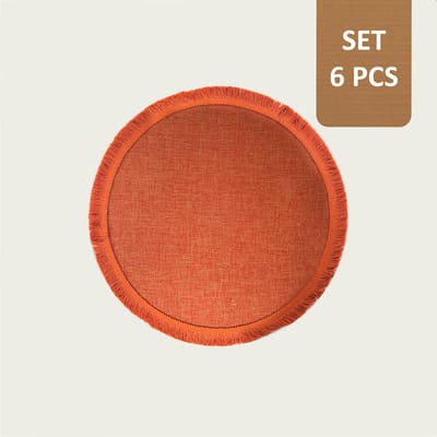 Arca TONDA - Placemats - Rond 39cm - Set van 6 - oranje - met franjes aan de boord in dezelfde kleur - polyester - makkelijk in onderhoud