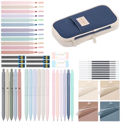 52 stuks schoolspullen met mapje, 12 pastelmarkeerstiften, 5 gelstiften, 6 vulpotlodenset, pennen en coole spullen voor tieners, meisjes, schoolspullen, kantoor, volwassenen (Donkerblauw)