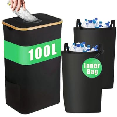 100L opvouwbare recyclingbak met deksel, met inbegrip van 2herbruikbare binnenzak, veilige flessopslag, geschikt voor keuken / kantoor / buiten, grote container lege vrachtflessenverzamelaar.