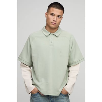 Oversized Premium Interlock Faux Sleeve Polo T-Shirt | Sage | Size XS