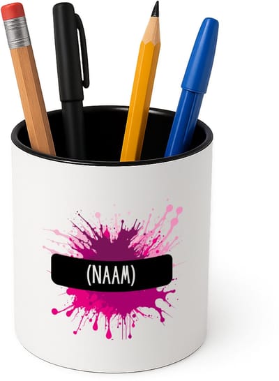 Hacebo® - Verfvlek roze/paars met je eigen naam Pennenbakje - iemand die houdt van schilderen of kunst - pennenhouder - kunstenaars - kunst liefhebbers - schilders - cadeau - verjaardagscadeau - kado - gift - geschenk - Pennenbakje zwart