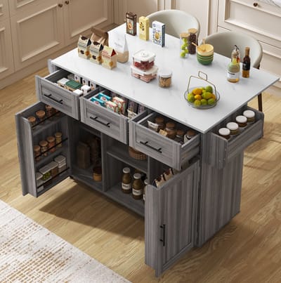 MEUNIQ keukeneiland dressoir 139 x 46(71) x 91,5 cm met uitklapbaar werkblad, 3 lades, 2 deuren, verstelbare planken en wielen voor keuken of eetkamer grijs en wit