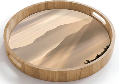 Dienblad rond 40x40 cm - Schootdienblad hout - Bergen - Mist - Zonnestralen - Borrelplank rechthoek - Plateau houten dienbladen