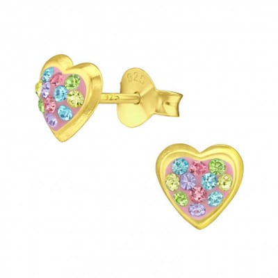 Zilveren oorstekers - gold plated - roze hart - kristallen