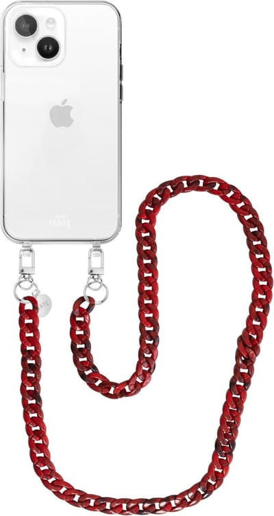 xoxo Wildhearts siliconen hoesje - Geschikt voor iPhone 14 - Red Roses - Telefoonhoesje - Hoesje met koord - Rood koord - lang telefoonkoord - Transparant hoesje (lange variant)