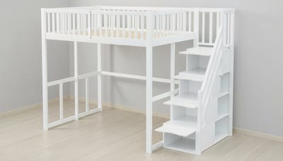 Hoogslaper 140x200 cm met Trap en Veiligheidsrand – Casa Velluto Premium Massief Grenen Hoogbed – Ruimtebesparend Bedframe voor Kinderen, Tieners en Volwassenen – Moderne Hoogslaper met Opbergruimte – Wit