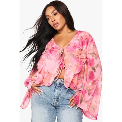 boohoo Dames PLUS BLOUSE MET RUCHES EN VOORSTE STRIK | Roze | Maat: 44