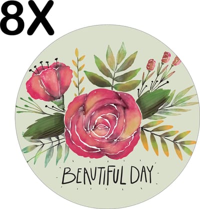 Luxe Ronde Placemat - Getekende Roos - Beautiful Day - Groen met Rood - Set van 8 Placemats - 50x50 cm - 2 mm dik Vinyl - Anti Slip - Afneembaar
