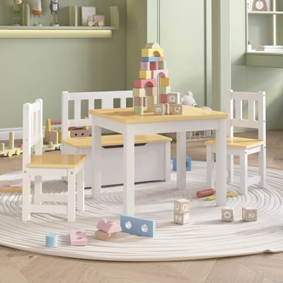 vidaXL - 4-delige - Kindertafel- - en - stoelenset - MDF - wit - en - beige