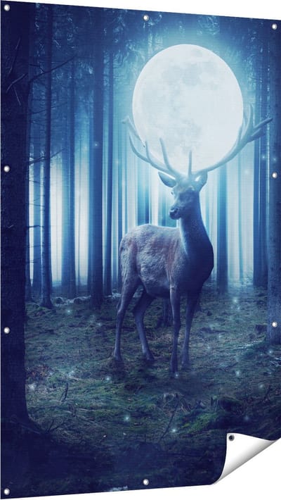 Gards Tuinposter Hert in het Bos tijdens Volle Maan - 100x150 cm - Tuindoek - Tuindecoratie - Wanddecoratie buiten - Tuinschilderij