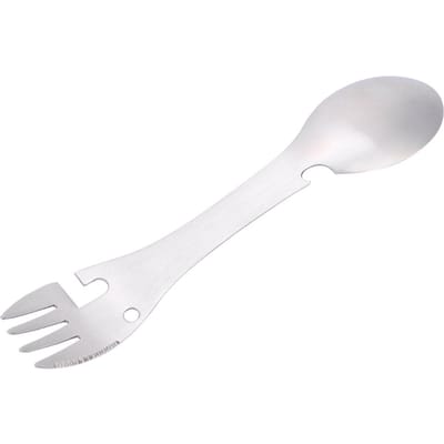 5-in-1 draagbare multifunctionele lepel, vork, flesopener en blikopener met zaagtandmes voor kamperen en picknicken