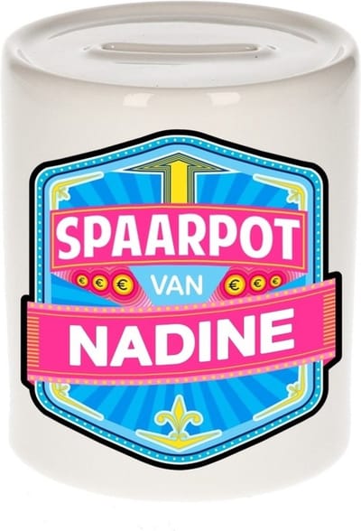 Bellatio Decorations Kinder spaarpot met naam - Nadine - keramiek - met dop - wit - Sparen - Spaargeld van Nadine