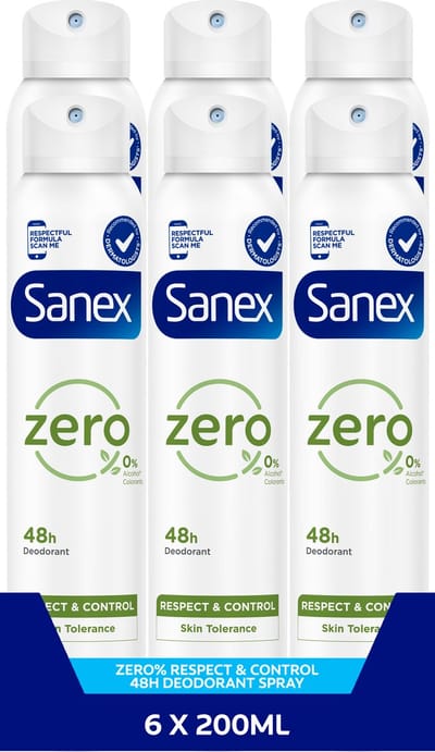 Sanex Zero% Respect & Control Deodorant Spray 6 x 200ml - Voordeelverpakking