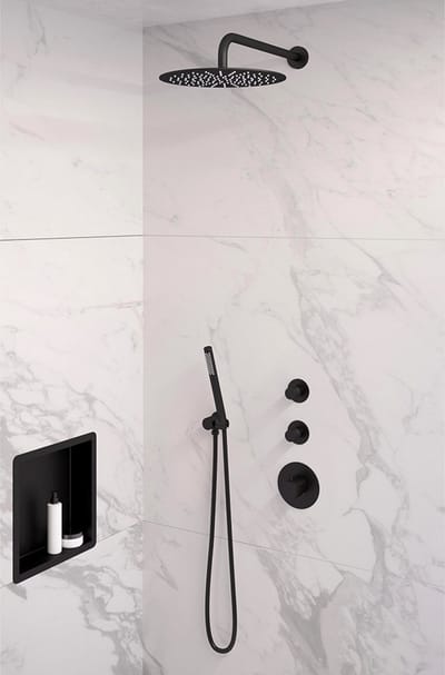 Brauer Black Edition thermostatische inbouw regendouche SET 04 met 30 cm douchekop en gebogen muurarm en staaf handdouche en doucheslang en wandaansluitbocht mat zwart