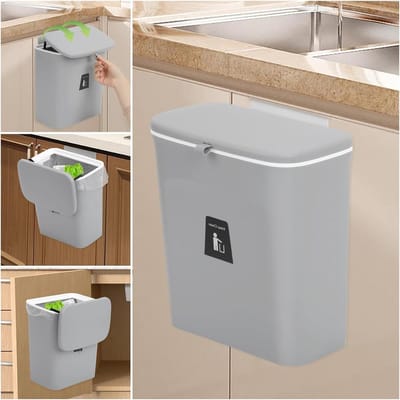 Keuken Compostbak - 24 gallons/9L - Onder Gootsteen Hangende Prullenbak - Met Deksel - Voor Badkamer en Slaapkamer - Binnenshuis - Grijs
