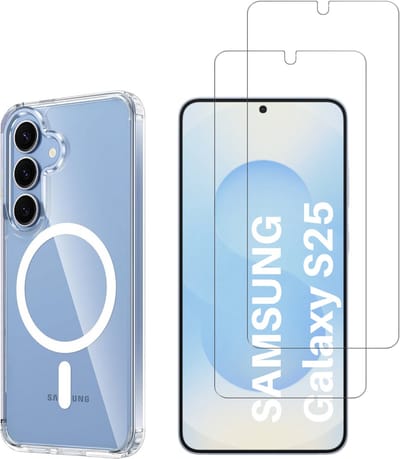 Samsung Galaxy S25 Hoesje backcover Shockproof siliconen Transparant met geïntegreerde magnetische cirkel en 2 stuks Screenprotector Gehard Glas
